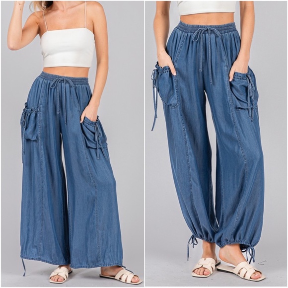 Sage + Fig Medium Wash Stretchy Waist Pockets Cargo Style Wide Leg Jogger - Picture 1 of 5